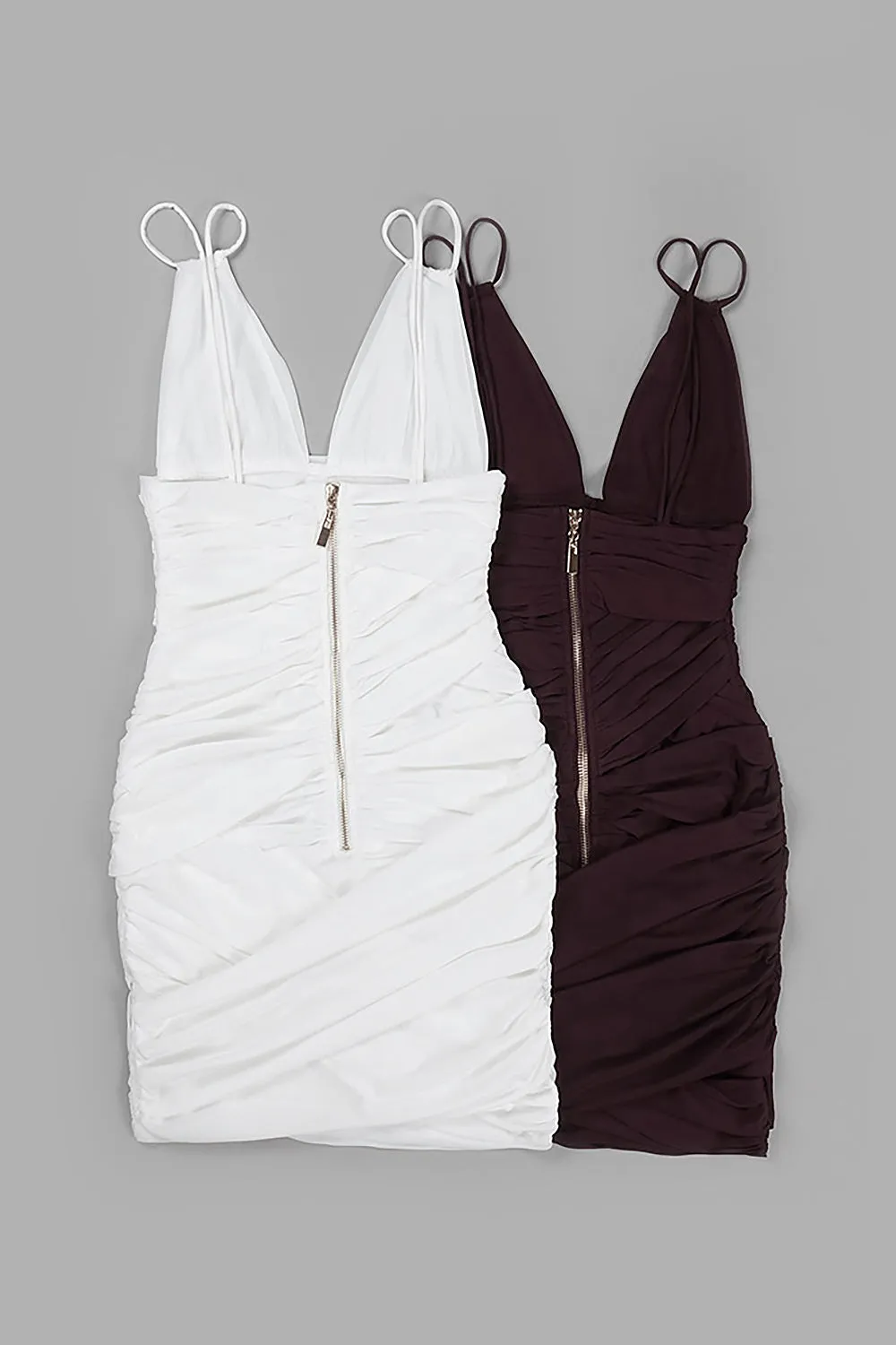 Deep V Ruched Mesh Mini Dress
