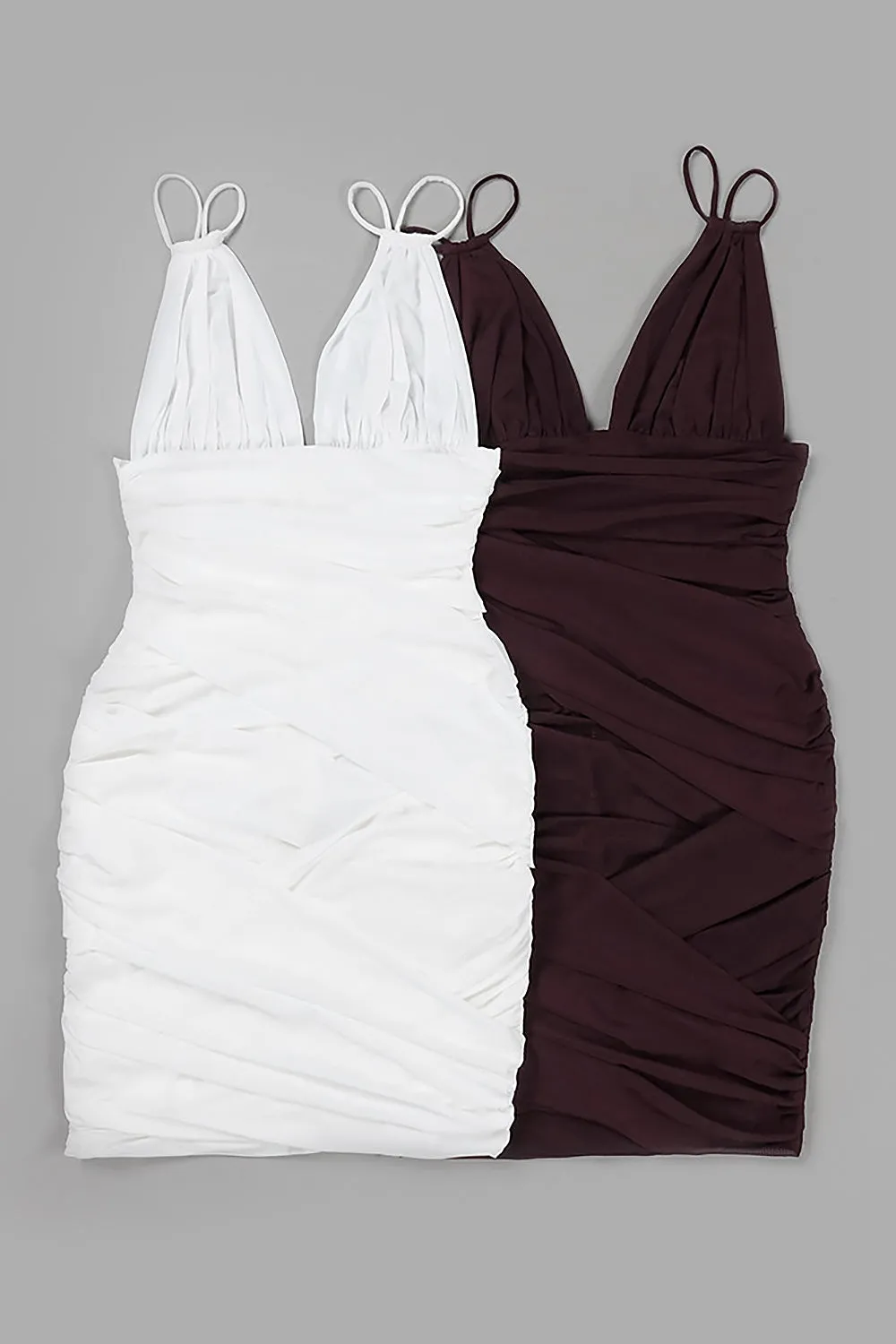 Deep V Ruched Mesh Mini Dress