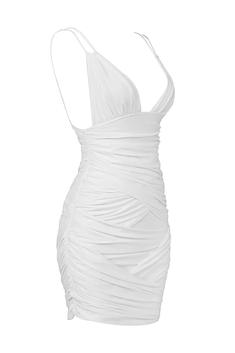 Deep V Ruched Mesh Mini Dress