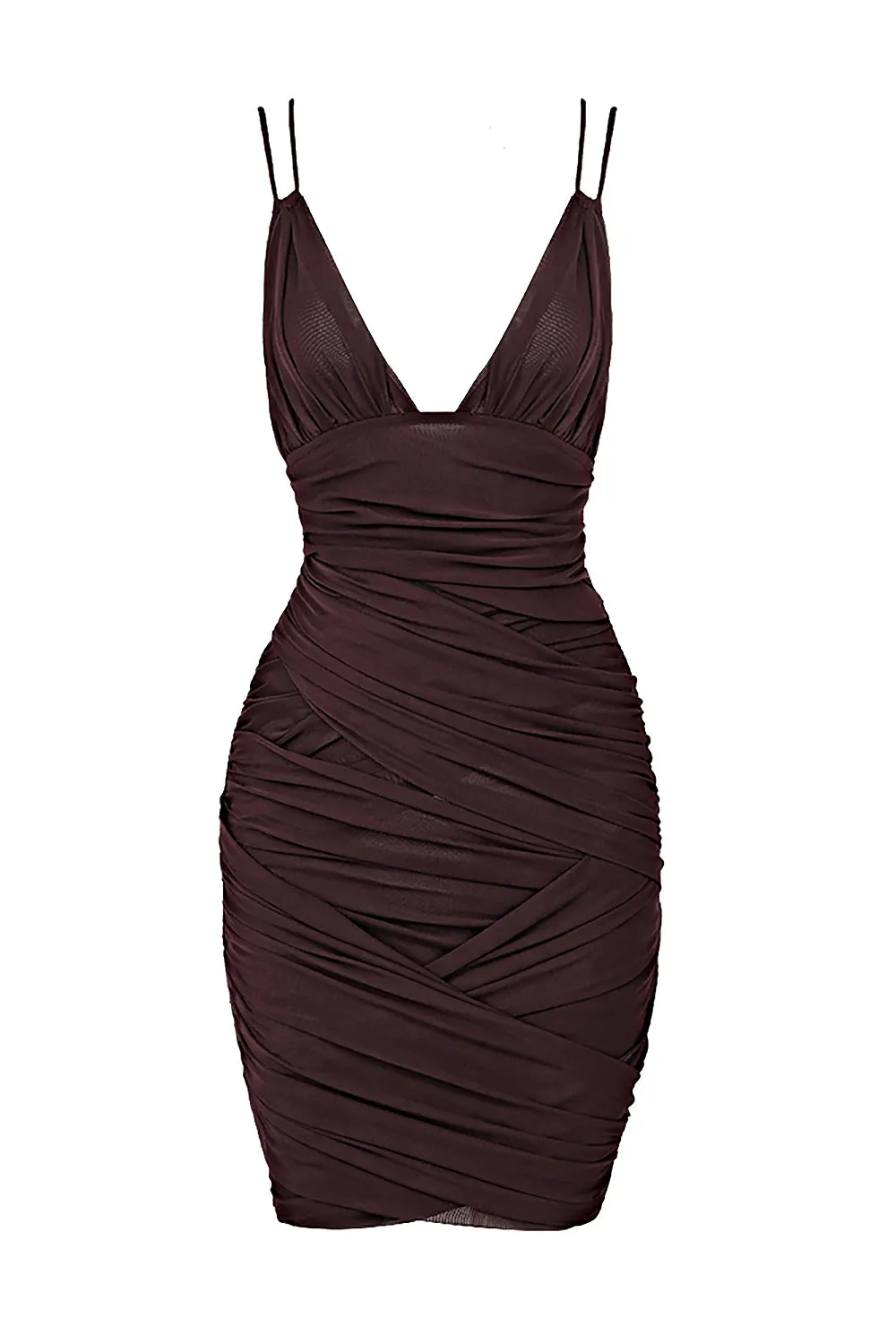 Deep V Ruched Mesh Mini Dress