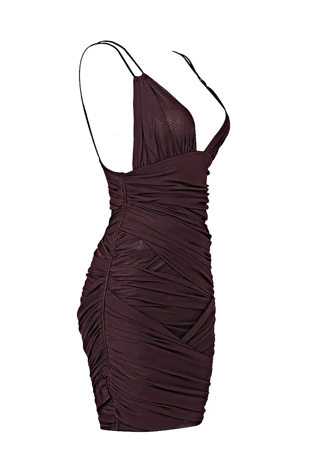 Deep V Ruched Mesh Mini Dress