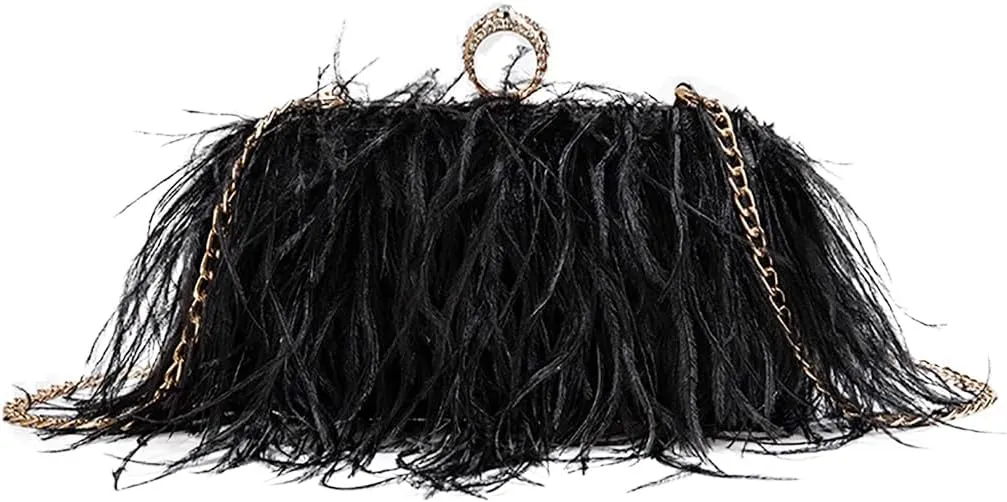 DJBM Women's Ostrich Feather Clutch Evening Bag Smooth Fluffy Purse Fashion Rhinestone Tote Bag for Wedding Party