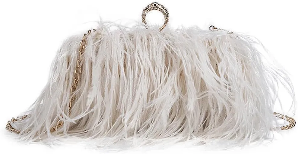DJBM Women's Ostrich Feather Clutch Evening Bag Smooth Fluffy Purse Fashion Rhinestone Tote Bag for Wedding Party