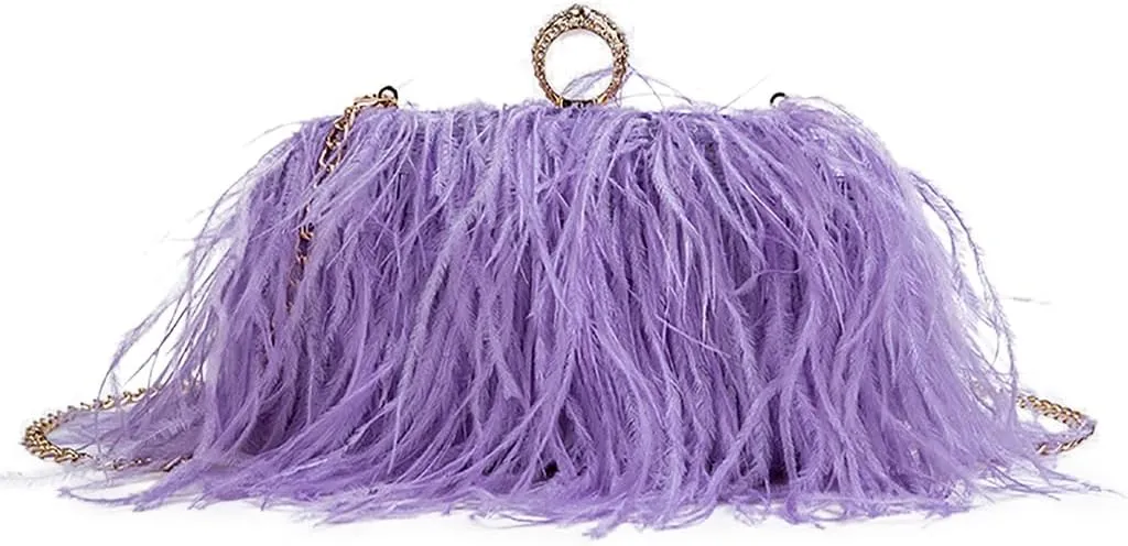 DJBM Women's Ostrich Feather Clutch Evening Bag Smooth Fluffy Purse Fashion Rhinestone Tote Bag for Wedding Party