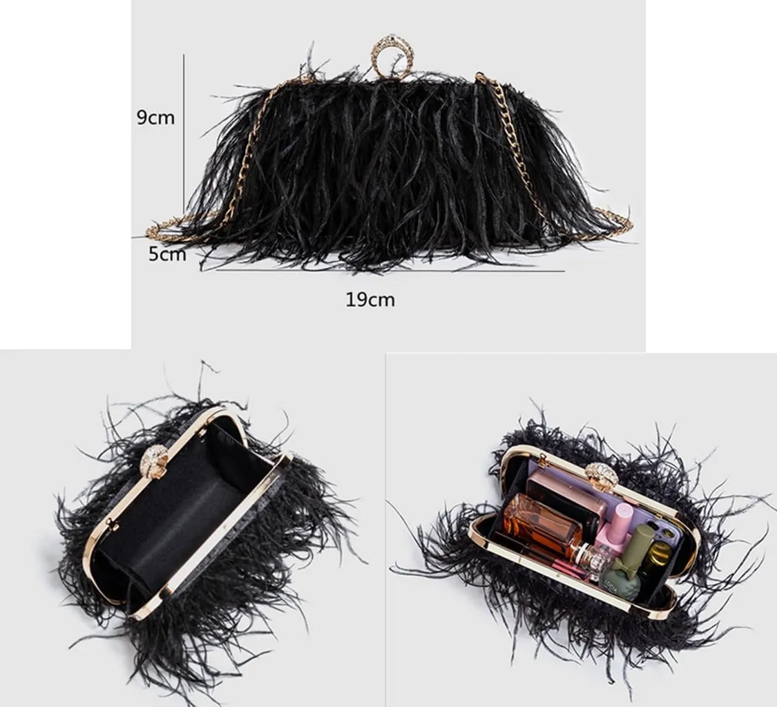 DJBM Women's Ostrich Feather Clutch Evening Bag Smooth Fluffy Purse Fashion Rhinestone Tote Bag for Wedding Party
