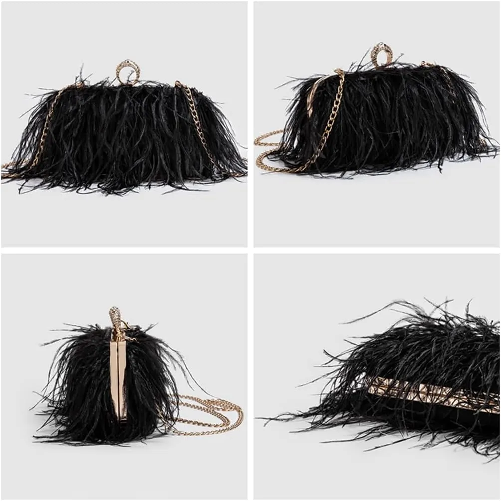 DJBM Women's Ostrich Feather Clutch Evening Bag Smooth Fluffy Purse Fashion Rhinestone Tote Bag for Wedding Party