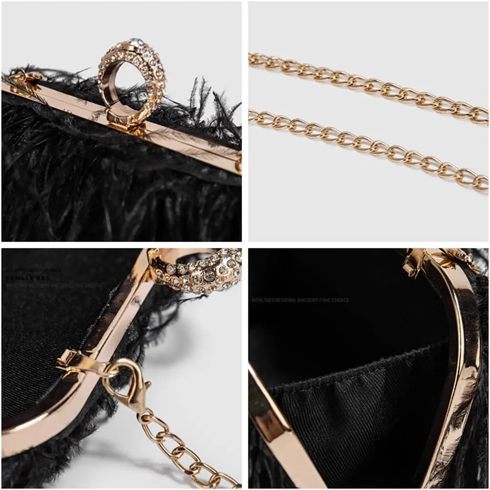 DJBM Women's Ostrich Feather Clutch Evening Bag Smooth Fluffy Purse Fashion Rhinestone Tote Bag for Wedding Party