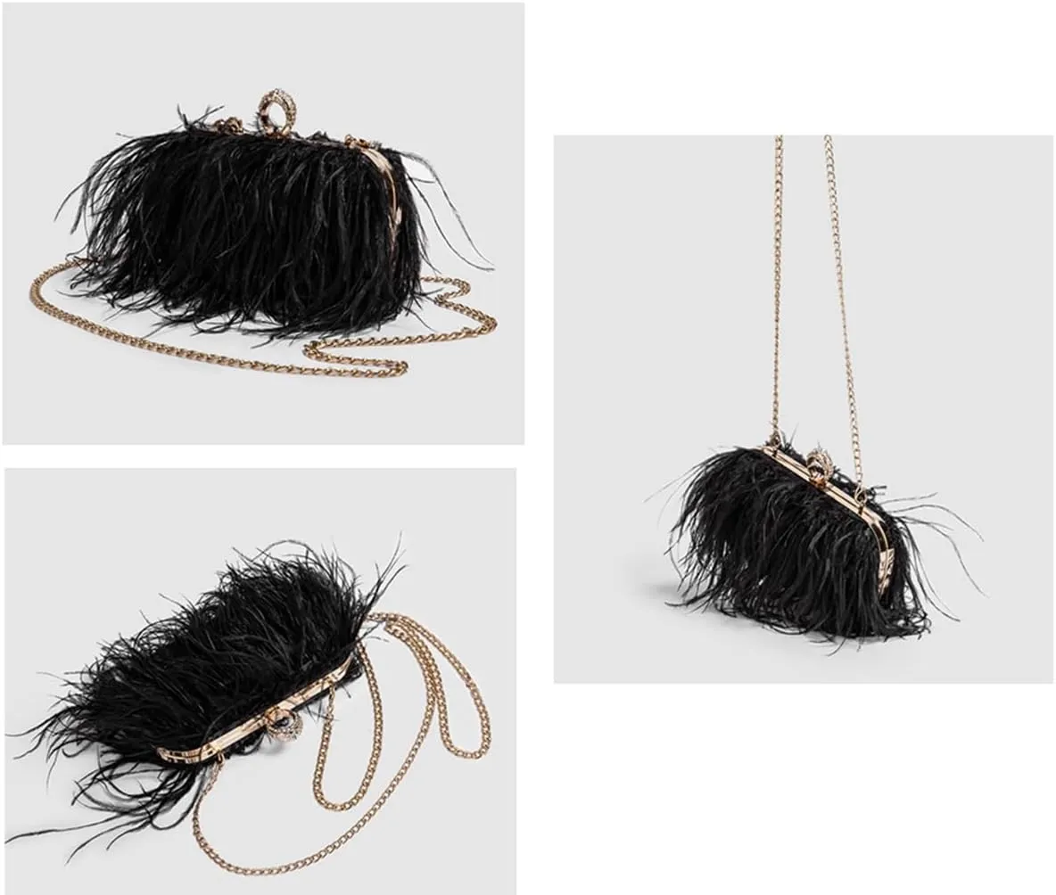 DJBM Women's Ostrich Feather Clutch Evening Bag Smooth Fluffy Purse Fashion Rhinestone Tote Bag for Wedding Party