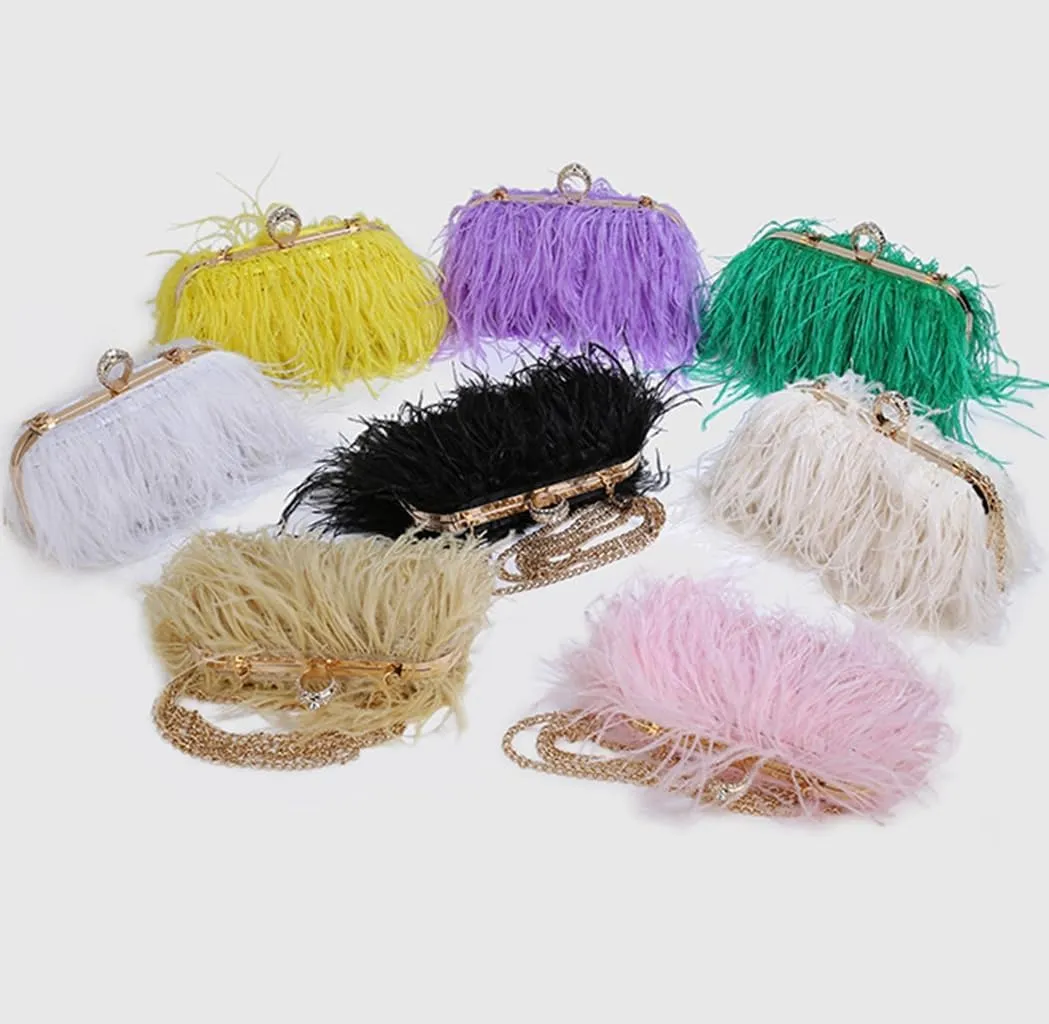 DJBM Women's Ostrich Feather Clutch Evening Bag Smooth Fluffy Purse Fashion Rhinestone Tote Bag for Wedding Party