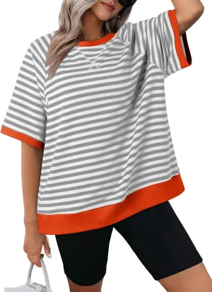 Dokotoo Oversized T Shirts for Women Striped Color Block Crewneck Short Sleeve Casual Summer Tops Lightweight Loose Blouses