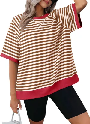 Dokotoo Oversized T Shirts for Women Striped Color Block Crewneck Short Sleeve Casual Summer Tops Lightweight Loose Blouses