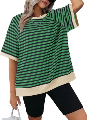 Dokotoo Oversized T Shirts for Women Striped Color Block Crewneck Short Sleeve Casual Summer Tops Lightweight Loose Blouses