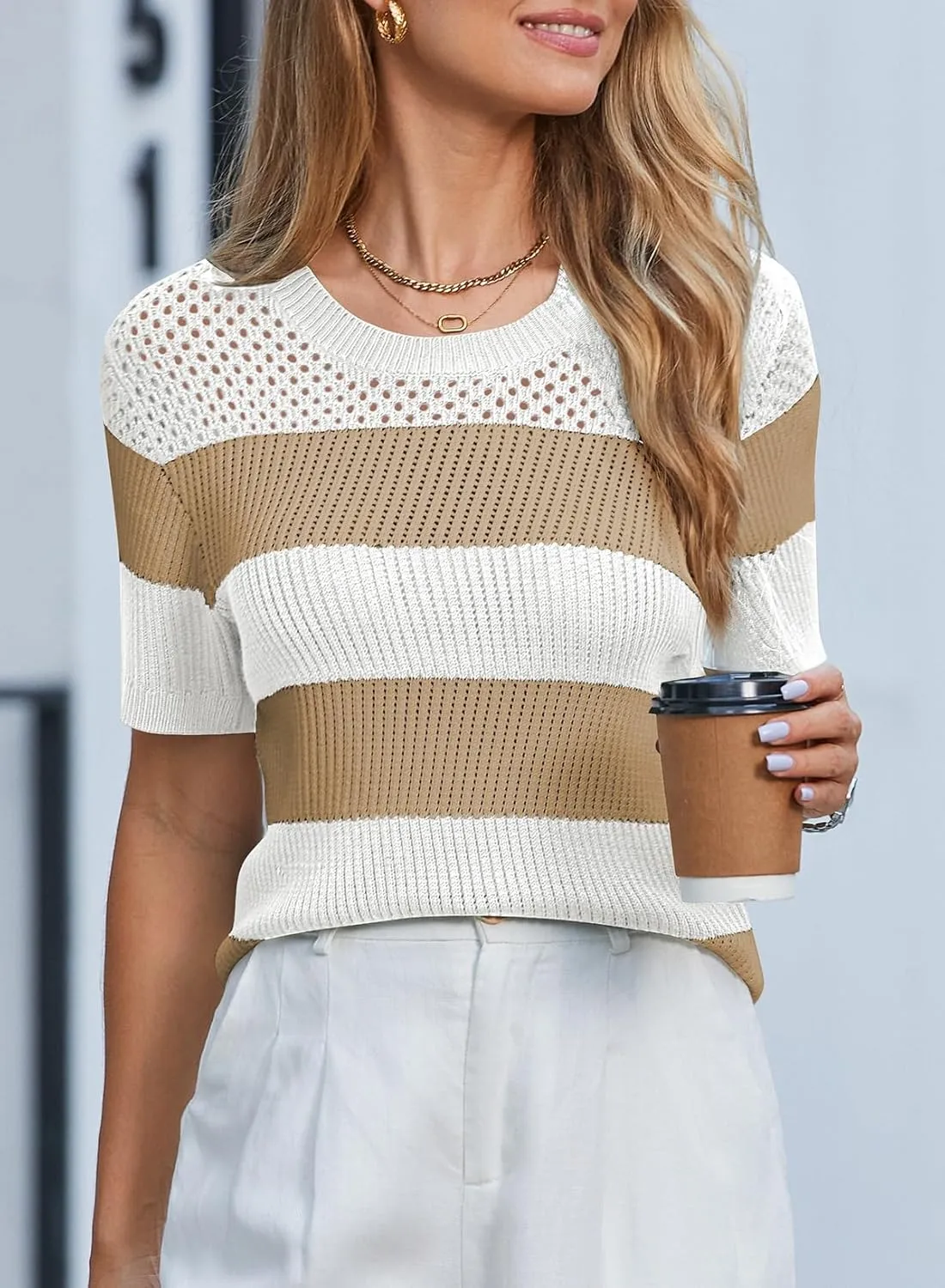 Dokotoo Womens Summer Tops Casual Short Sleeve Crewneck Striped Color Block Knit T Shirts Trendy Pullover Sweaters Blouses