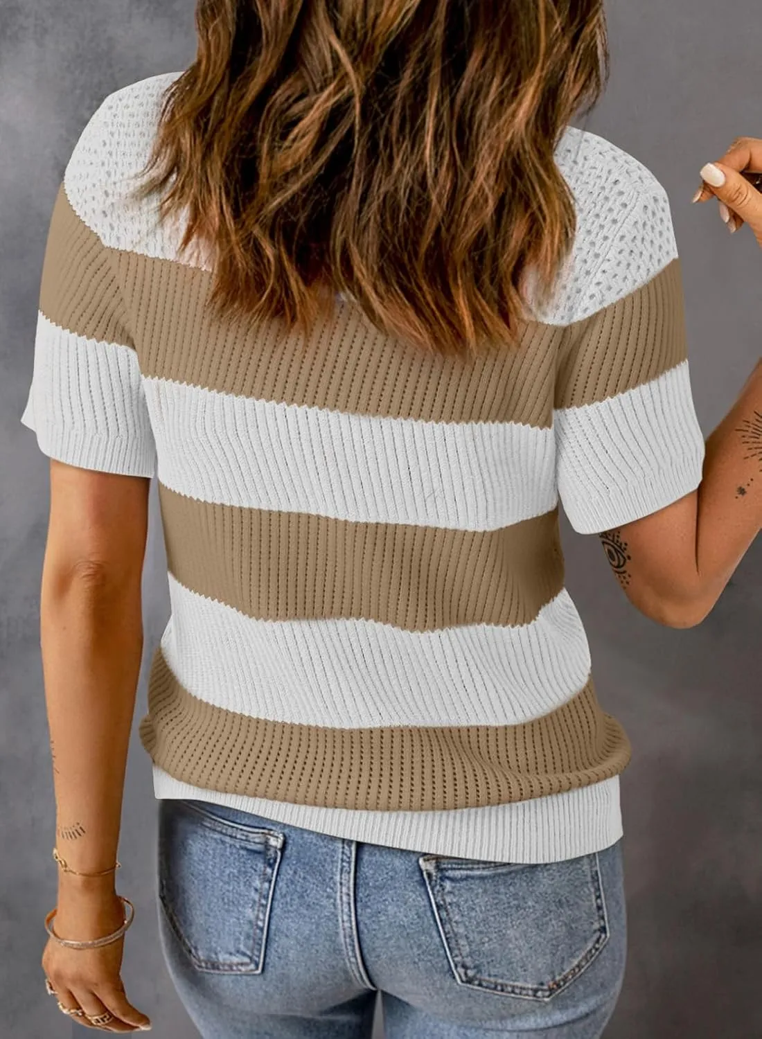 Dokotoo Womens Summer Tops Casual Short Sleeve Crewneck Striped Color Block Knit T Shirts Trendy Pullover Sweaters Blouses