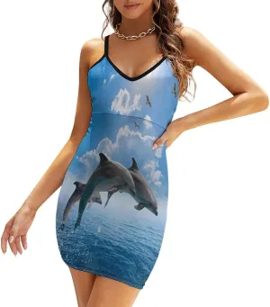 Dolphin Jumping Women's Printed V Neck Dress Summer Spaghetti Strap Beach Dresses Casual Sundress