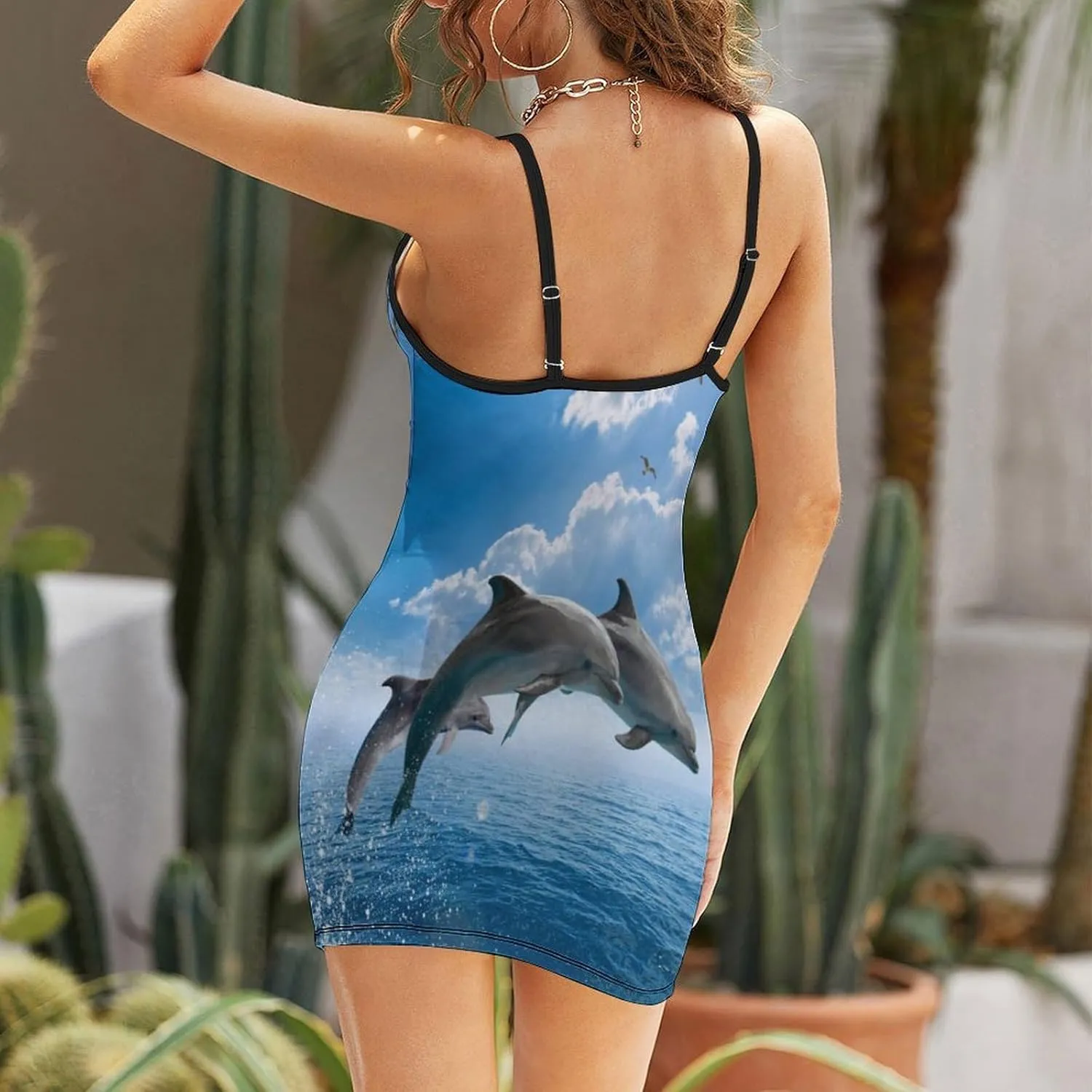 Dolphin Jumping Women's Printed V Neck Dress Summer Spaghetti Strap Beach Dresses Casual Sundress