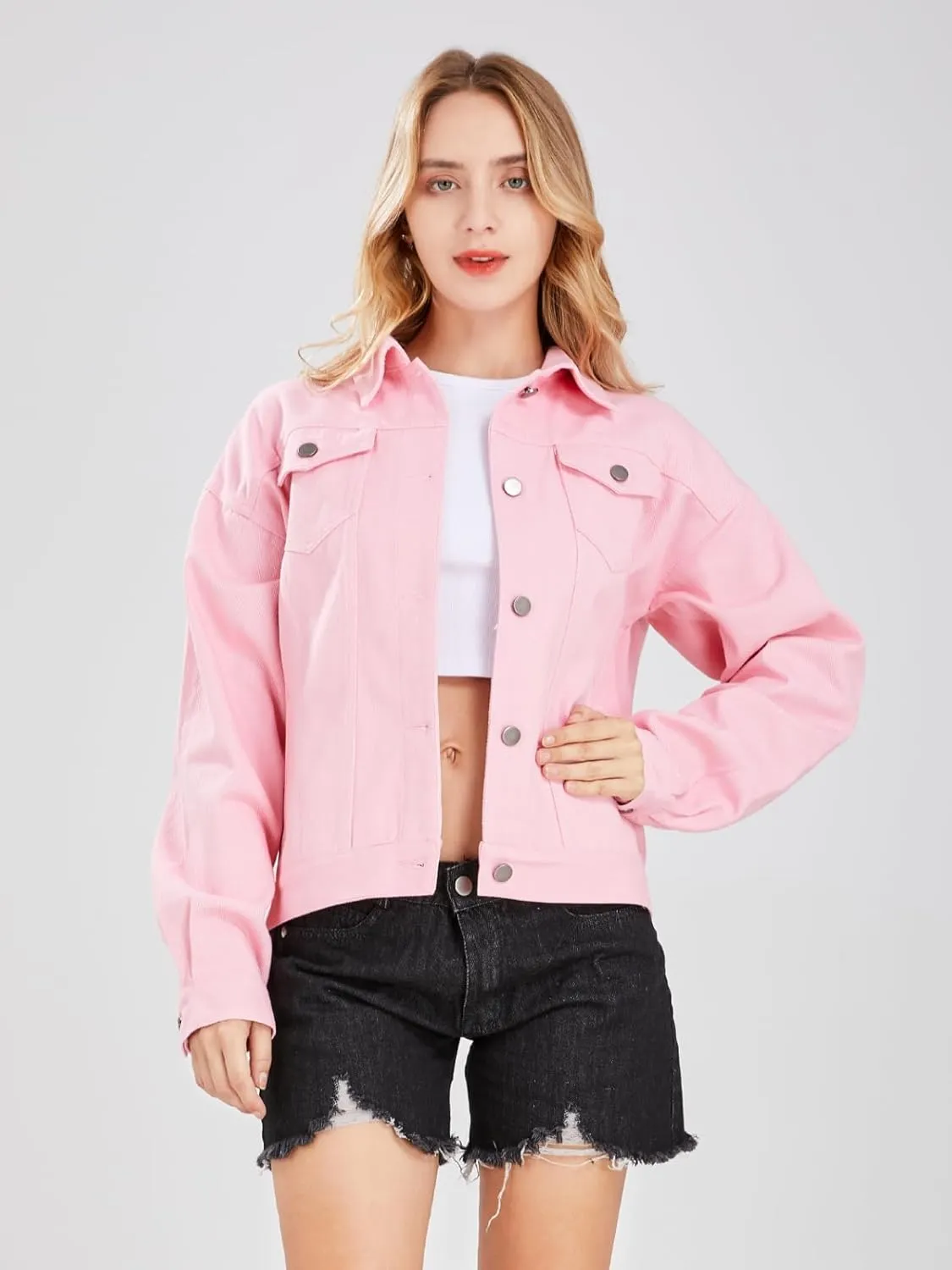 ebossy Women's Candy Color Denim Jacket Relaxed Fit Casual Jean Trucker Jacket