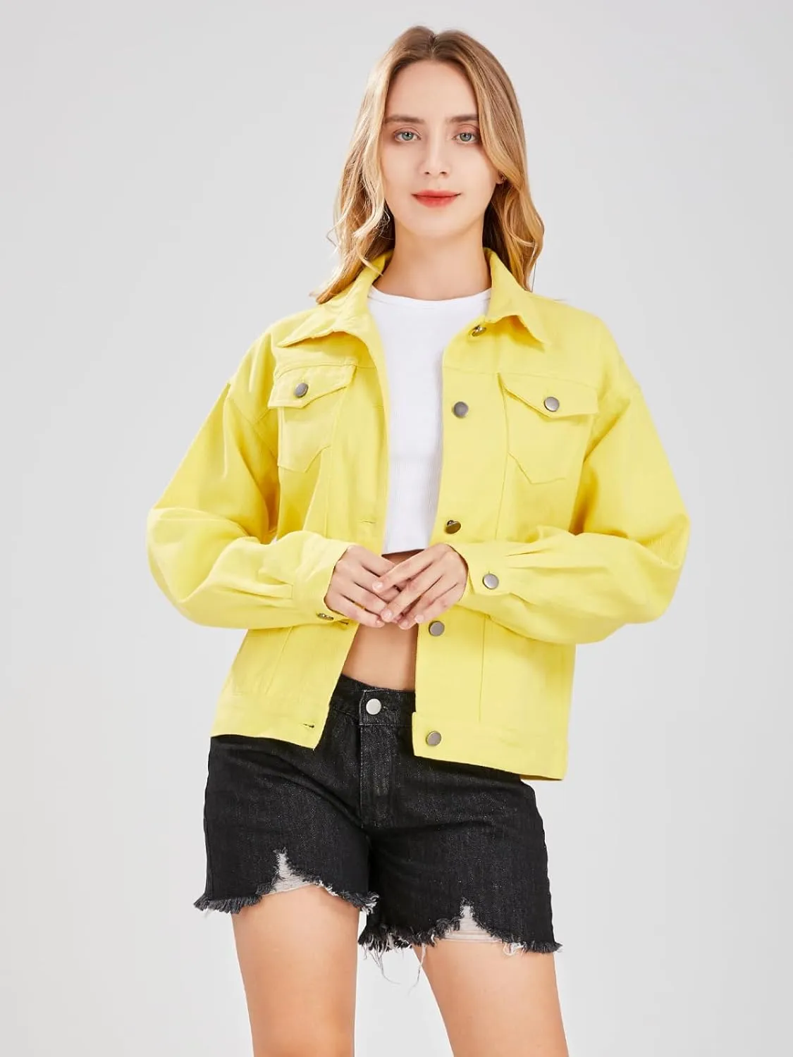 ebossy Women's Candy Color Denim Jacket Relaxed Fit Casual Jean Trucker Jacket