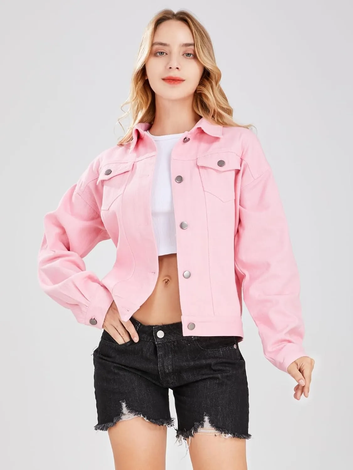 ebossy Women's Candy Color Denim Jacket Relaxed Fit Casual Jean Trucker Jacket