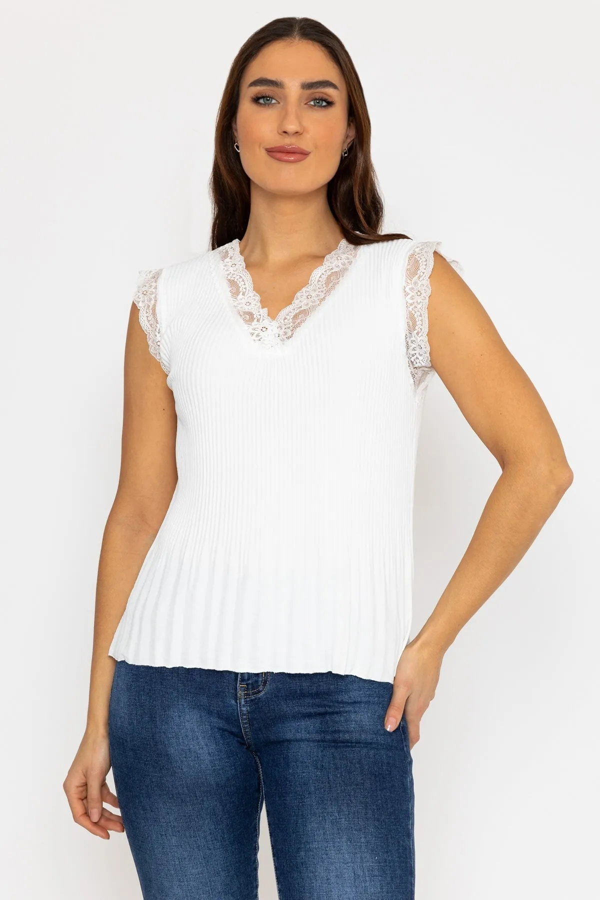 Ecru Sleeveless Lace Trim Pleat Top