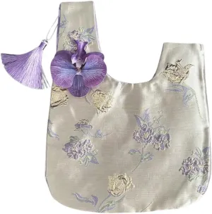 Elegant Chinese Silk Brocade Wrist Bag for Women, Orchid Tassel Handbag, Vintage Jacquard Floral Purse, Oriental Style Clutch
