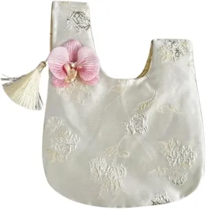 Elegant Chinese Silk Brocade Wrist Bag for Women, Orchid Tassel Handbag, Vintage Jacquard Floral Purse, Oriental Style Clutch