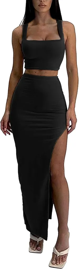 ELLEVEN Two Piece Maxi Skirt Sets for Women, Square Neck Tank Tops with High Side Slit Dress Sets Summer Outfits