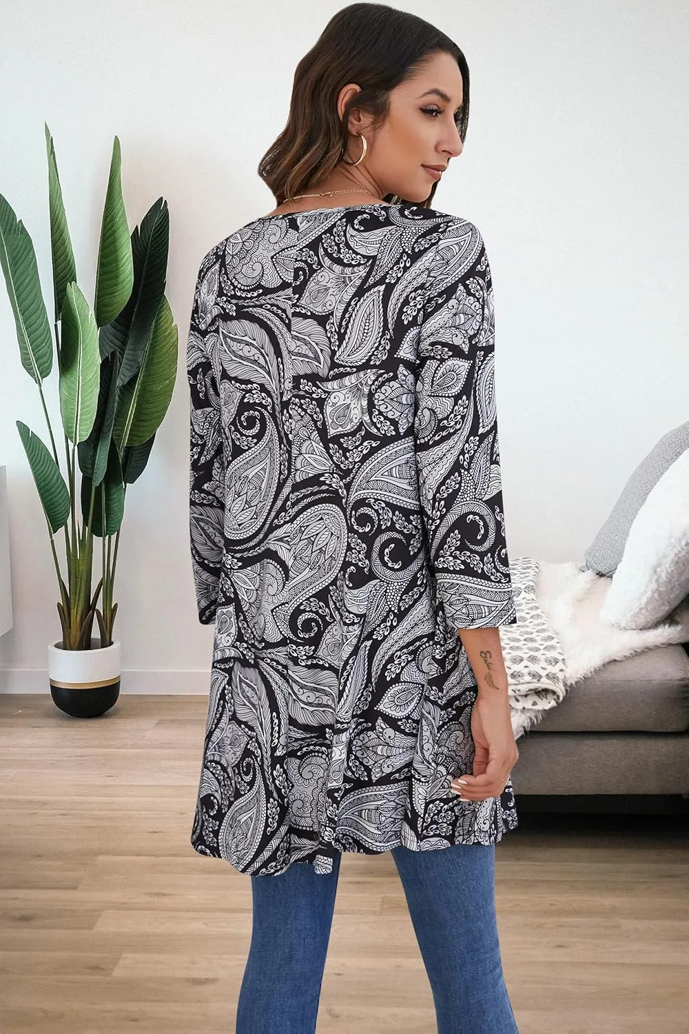 ENMAIN Women's Tops 3/4 Sleeve Dressy Casual Plus Size Tunic Tops to Wear with Leggings Swing Flare T-Shirt Loose Fit Blouses