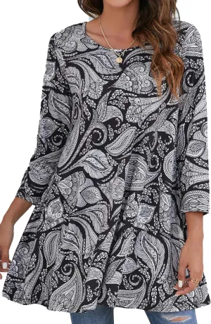 ENMAIN Women's Tops 3/4 Sleeve Dressy Casual Plus Size Tunic Tops to Wear with Leggings Swing Flare T-Shirt Loose Fit Blouses