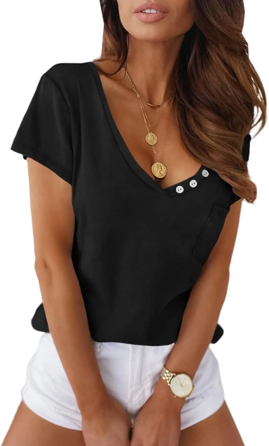 Eurivicy Women's Shirts Summer V-Neck Short Sleeve T-Shirts Casual Basic Plain Tee Tops with Pocket