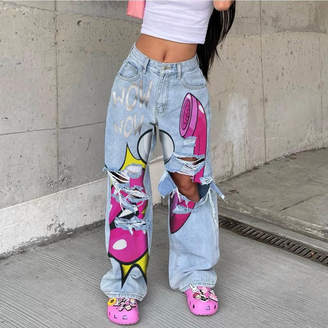 European and American Hot-Selling High-Waisted Street Style Ripped Wide-Leg Jeans
