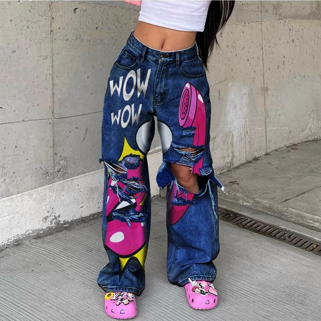 European and American Hot-Selling High-Waisted Street Style Ripped Wide-Leg Jeans