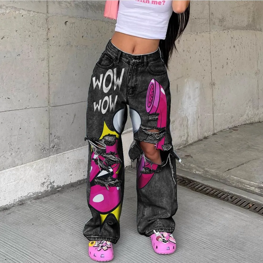 European and American Hot-Selling High-Waisted Street Style Ripped Wide-Leg Jeans