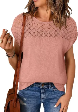 EVALESS Womens Fashion Short Sleeve Sweaters Crewneck Crochet Tops Summer Tie Back Shirts Knit T Shirts Sweater Tops