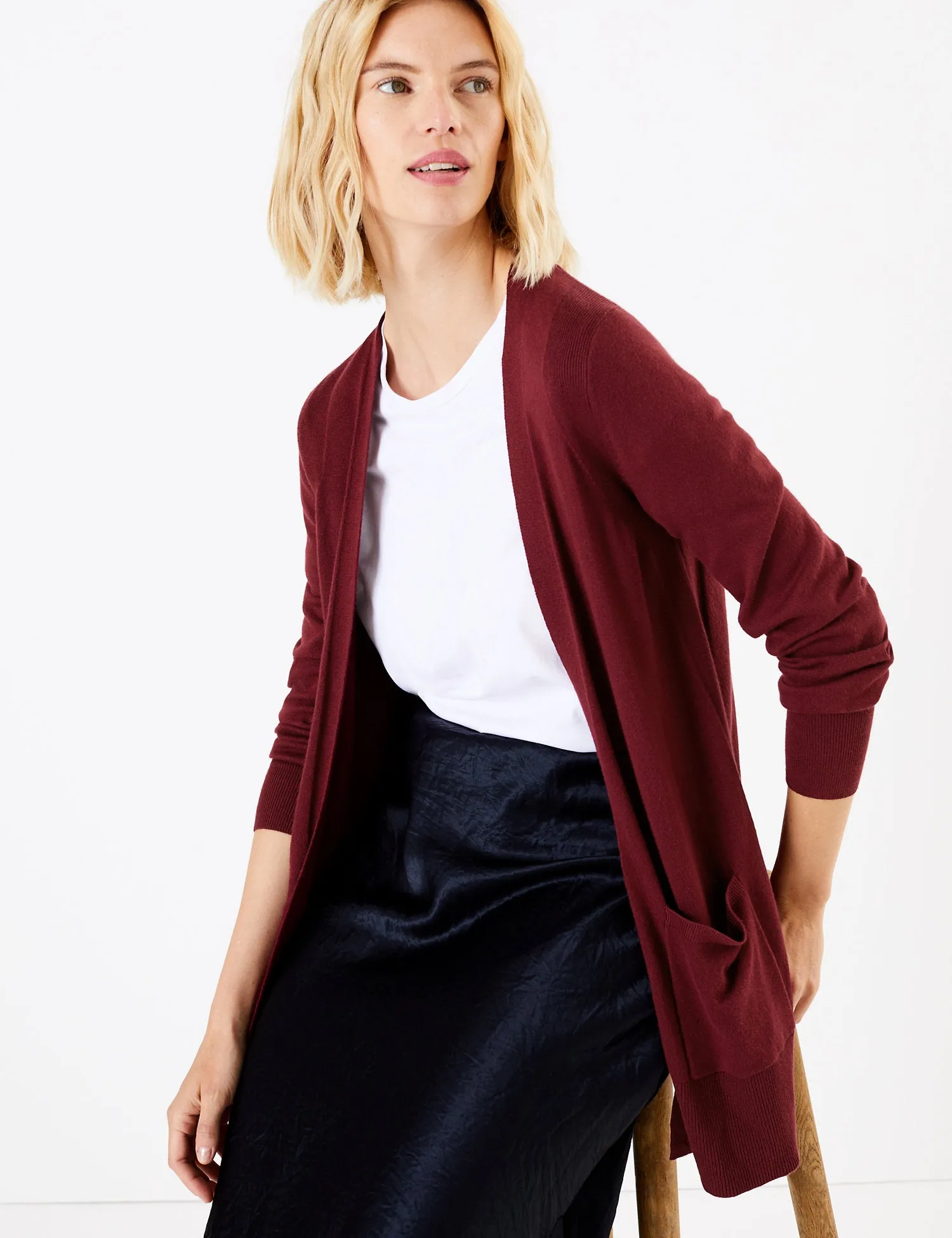 Ex Famous Store Open Front Patch Pocket Cardigan