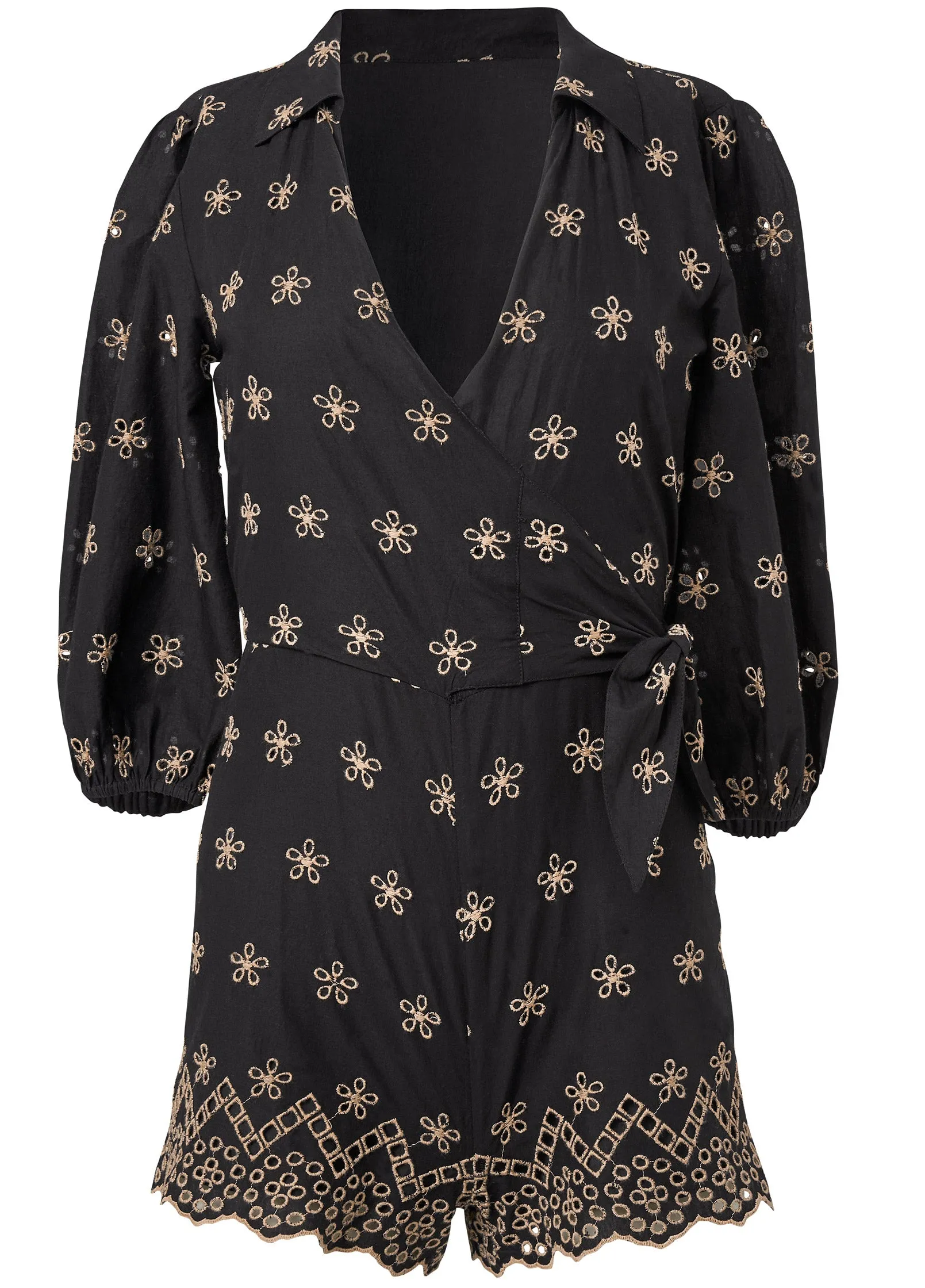 Eyelet Wrap Tie Romper - Black & Taupe