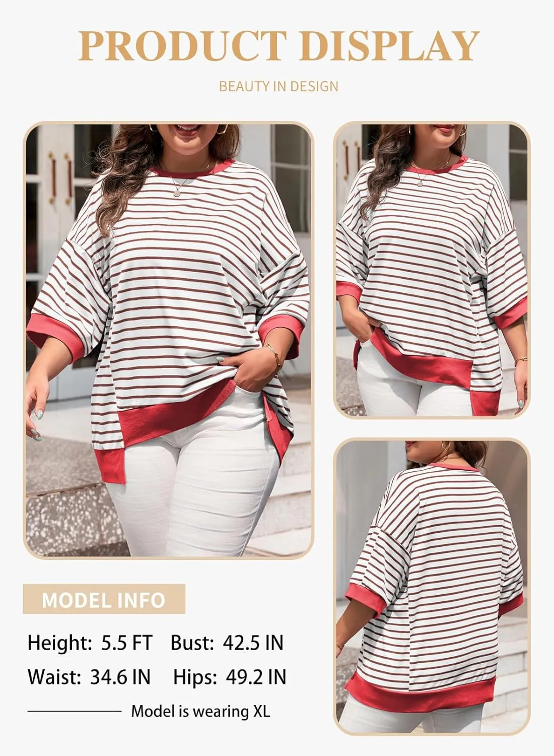 Eytino Womens Plus Size Tops Casual Short Sleeve Striped Color Block Shirts Crewneck Pullover T Shirts(1X-5X)