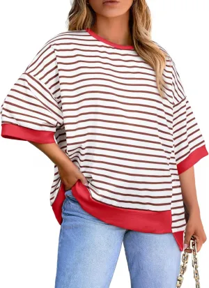 Eytino Womens Plus Size Tops Casual Short Sleeve Striped Color Block Shirts Crewneck Pullover T Shirts(1X-5X)
