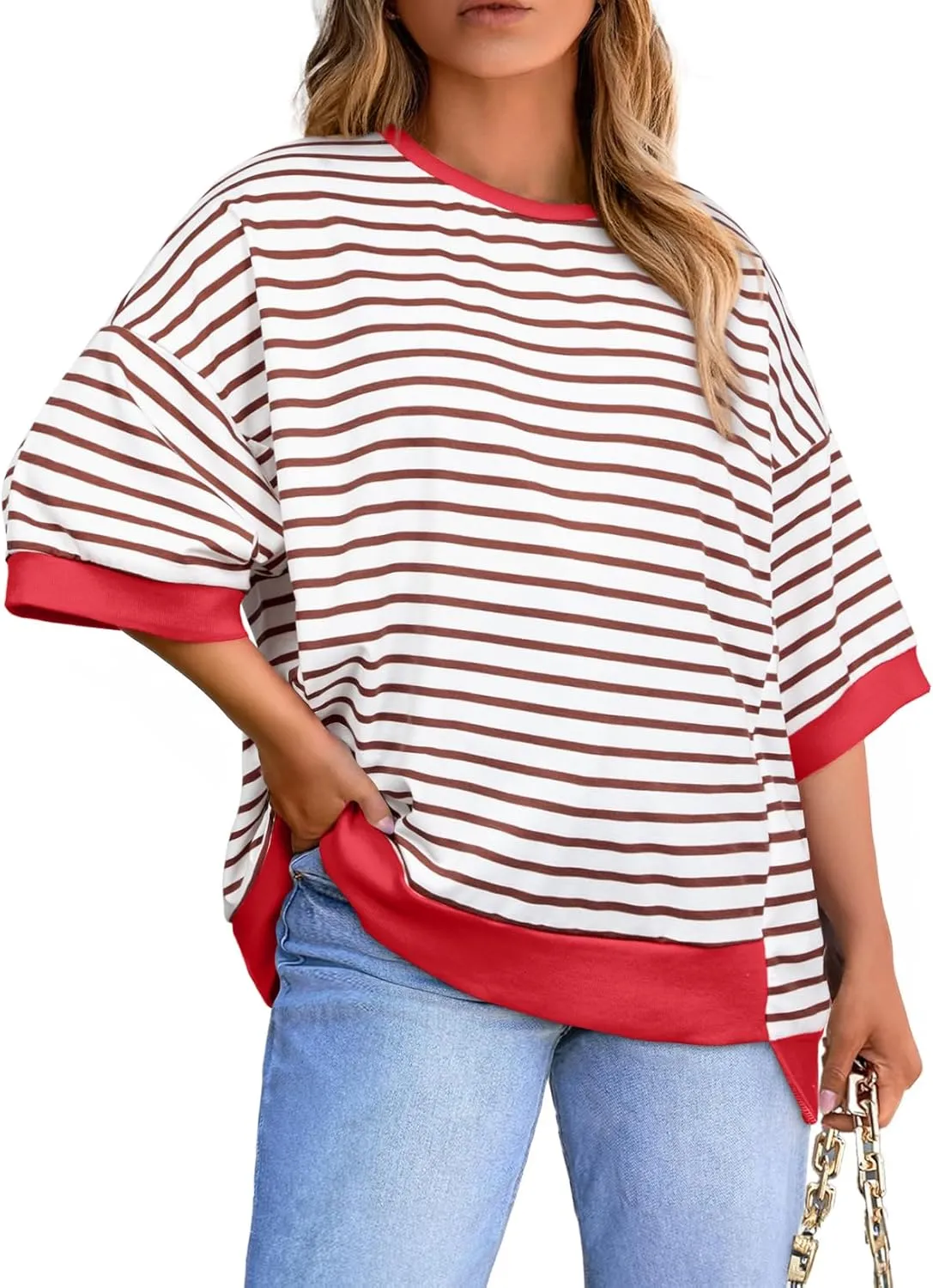 Eytino Womens Plus Size Tops Casual Short Sleeve Striped Color Block Shirts Crewneck Pullover T Shirts(1X-5X)