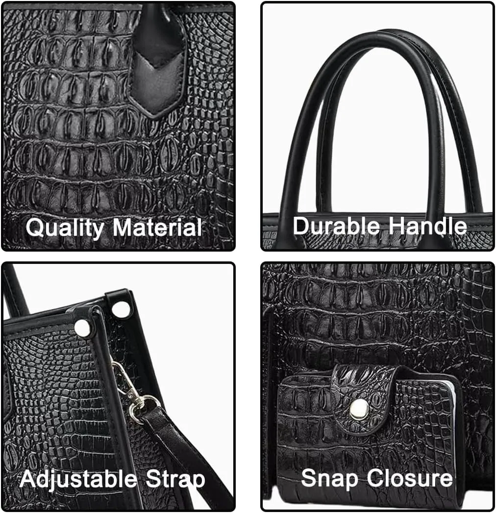 FAIME Top-handle Tote Handbag for Women, Crocodile Pattern Crossbody Bag PU Leather Satchel Purses Medium Shoulder Bags 3 Pcs