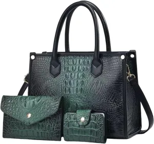 FAIME Top-handle Tote Handbag for Women, Crocodile Pattern Crossbody Bag PU Leather Satchel Purses Medium Shoulder Bags 3 Pcs