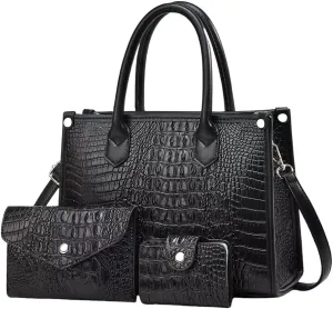 FAIME Top-handle Tote Handbag for Women, Crocodile Pattern Crossbody Bag PU Leather Satchel Purses Medium Shoulder Bags 3 Pcs