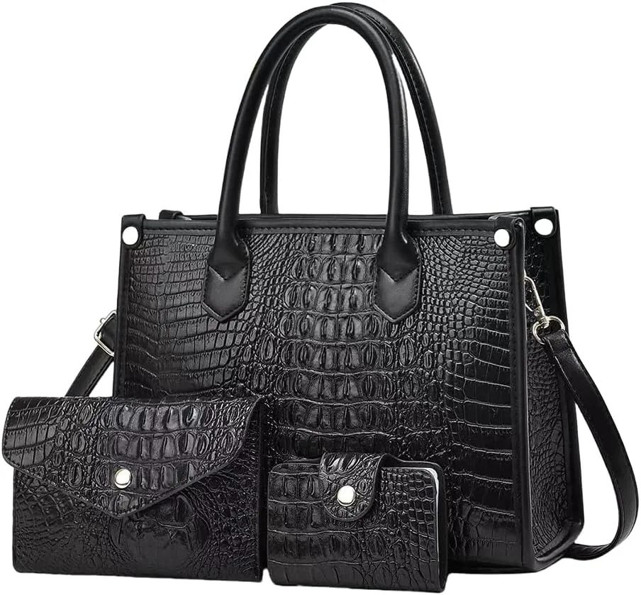 FAIME Top-handle Tote Handbag for Women, Crocodile Pattern Crossbody Bag PU Leather Satchel Purses Medium Shoulder Bags 3 Pcs