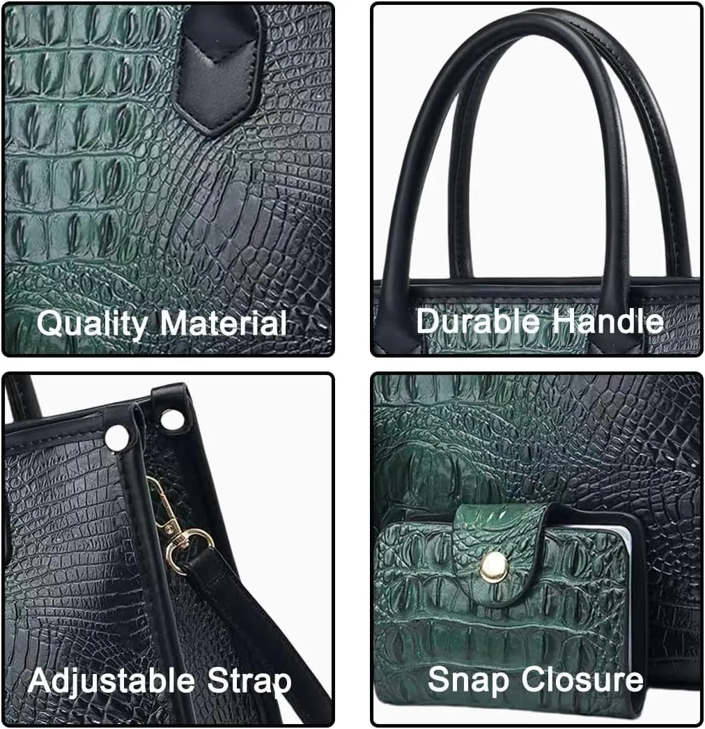 FAIME Top-handle Tote Handbag for Women, Crocodile Pattern Crossbody Bag PU Leather Satchel Purses Medium Shoulder Bags 3 Pcs