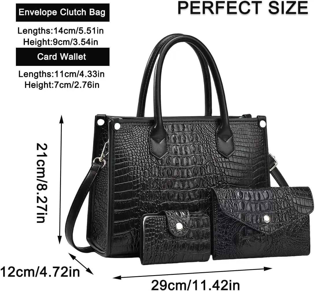FAIME Top-handle Tote Handbag for Women, Crocodile Pattern Crossbody Bag PU Leather Satchel Purses Medium Shoulder Bags 3 Pcs