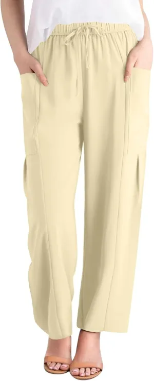 fanmpghleoo Women's Linen Pants Summer Casual Loose Drawstring High Waist Wide Leg Capri Palazzo Pants Trousers with Pockets