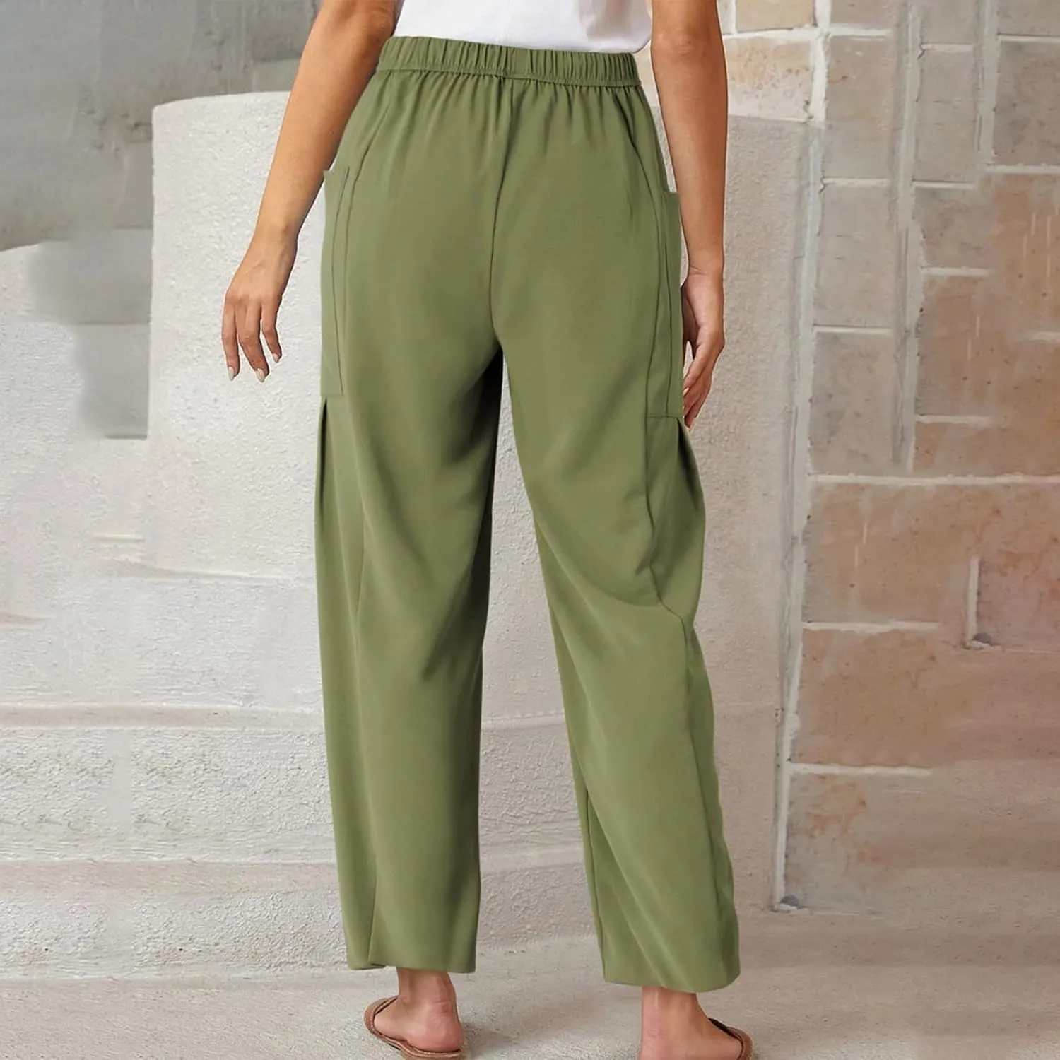 fanmpghleoo Women's Linen Pants Summer Casual Loose Drawstring High Waist Wide Leg Capri Palazzo Pants Trousers with Pockets