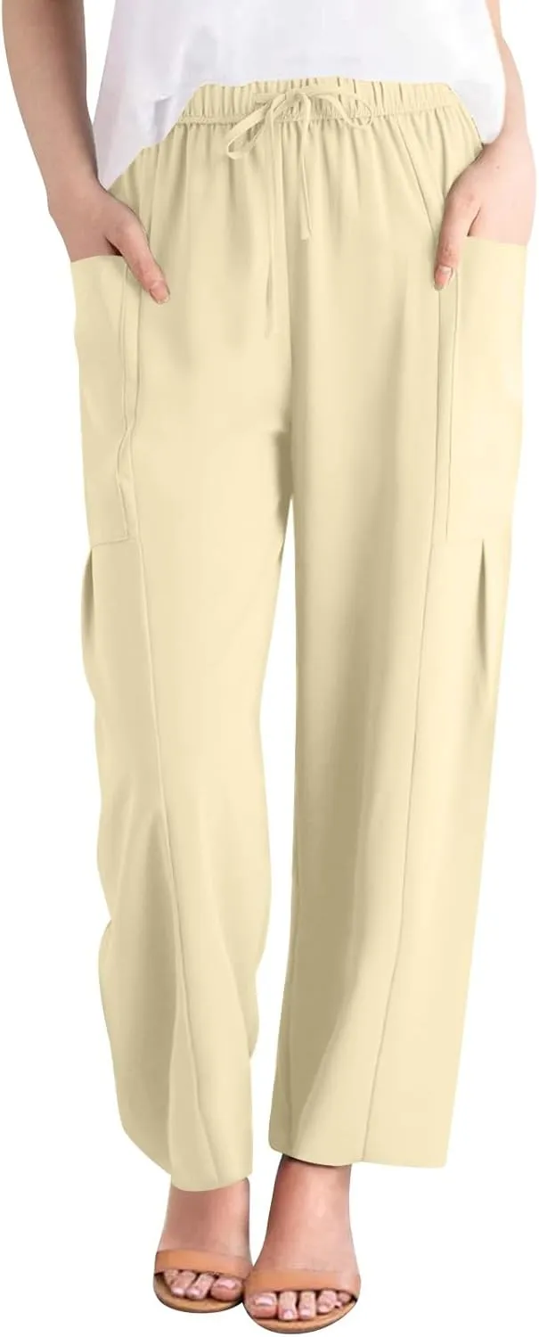 fanmpghleoo Women's Linen Pants Summer Casual Loose Drawstring High Waist Wide Leg Capri Palazzo Pants Trousers with Pockets