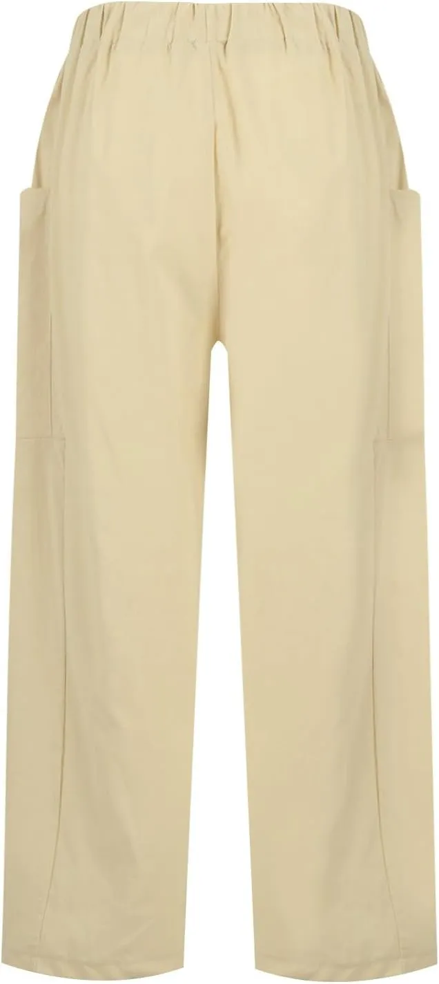 fanmpghleoo Women's Linen Pants Summer Casual Loose Drawstring High Waist Wide Leg Capri Palazzo Pants Trousers with Pockets