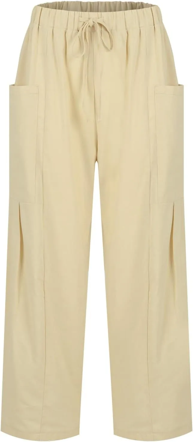 fanmpghleoo Women's Linen Pants Summer Casual Loose Drawstring High Waist Wide Leg Capri Palazzo Pants Trousers with Pockets